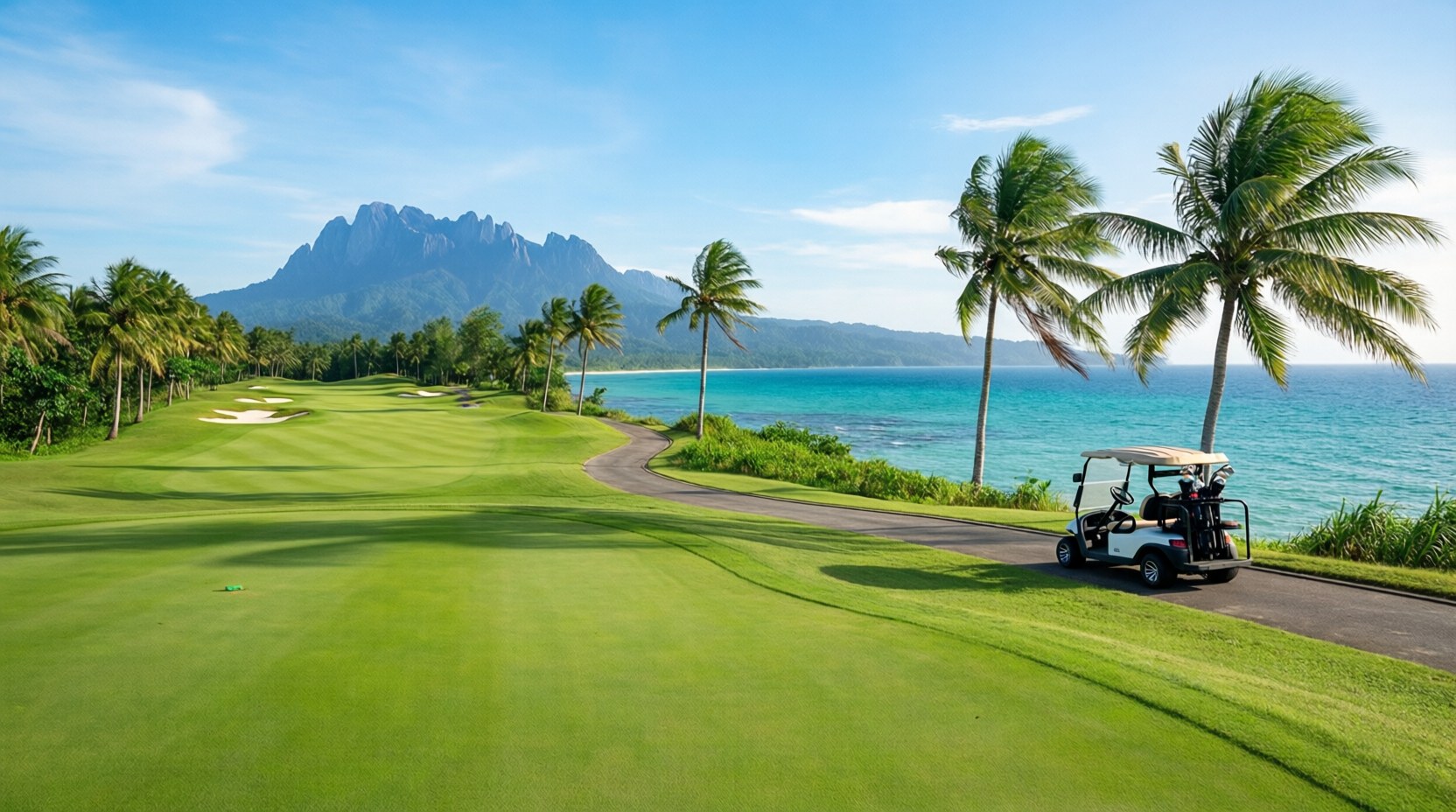 A morning round on a beachfront fairway with Mount Kinabalu beyond