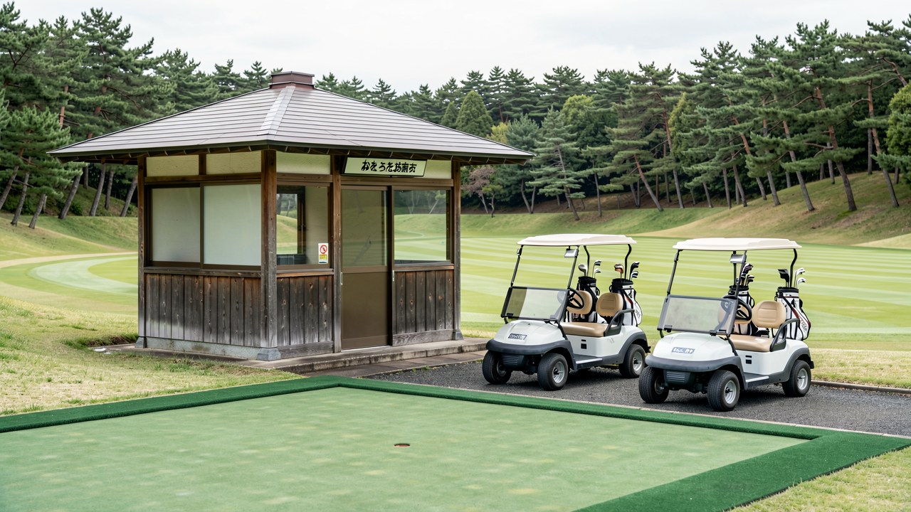 코스 입구의 스타트 하우스와 대기 중인 카트