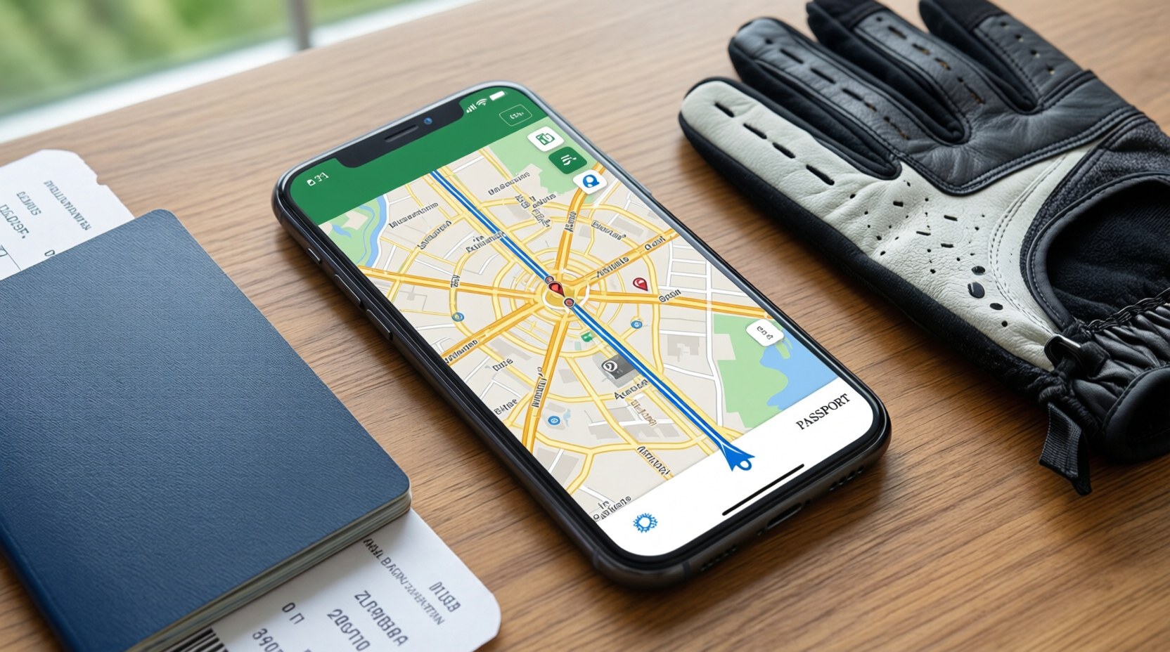 A smartphone with travel apps open beside a passport and golf glove