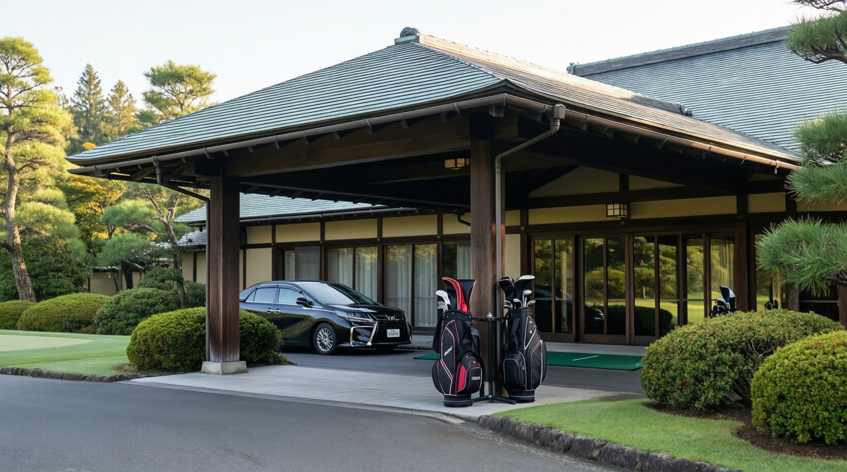 Unloading golf bags at the clubhouse entrance