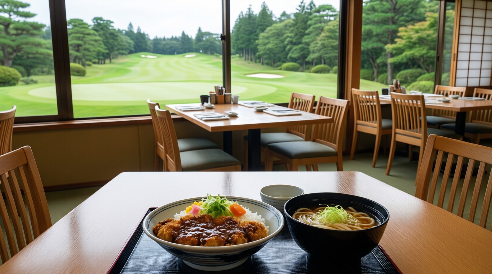 A clubhouse restaurant overlooking the fairway