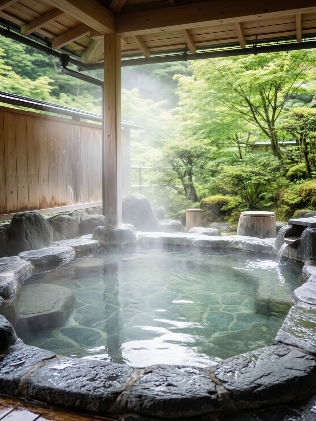 A Japanese communal bath with washing stations separate from the bath