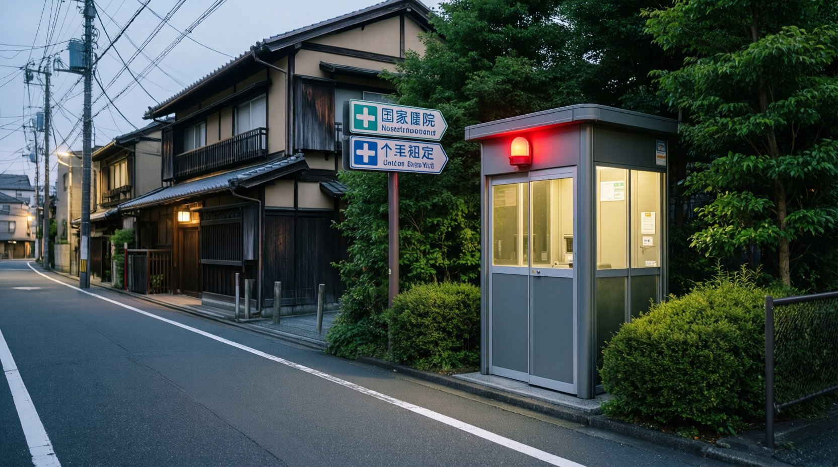 A Japanese street police box (koban) and a hospital sign
