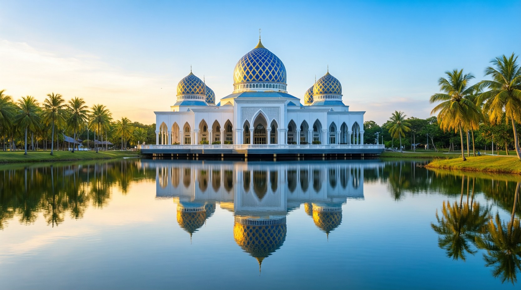 มัสยิดศาลาว่าการเมืองโกตากีนาบาลูที่สะท้อนเงาในทะเลสาบ